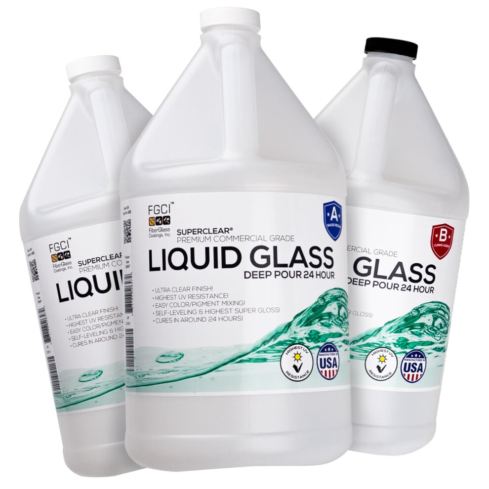 Fgci 24 Hour Deep Pour Epoxy Resin 3 Gallon / 384 Oz Kit, Liquid Glass Clear, Fast Cure, Casting Resin, Bubble Free, Diy Thick Pour, Heat Resistant, Charcu