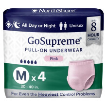 NorthShore GoSupreme Cuecas Incontinência Noturna, 8 Horas, Tamanho Médio, 4 Cont., Rosa, 30-40 polegadas