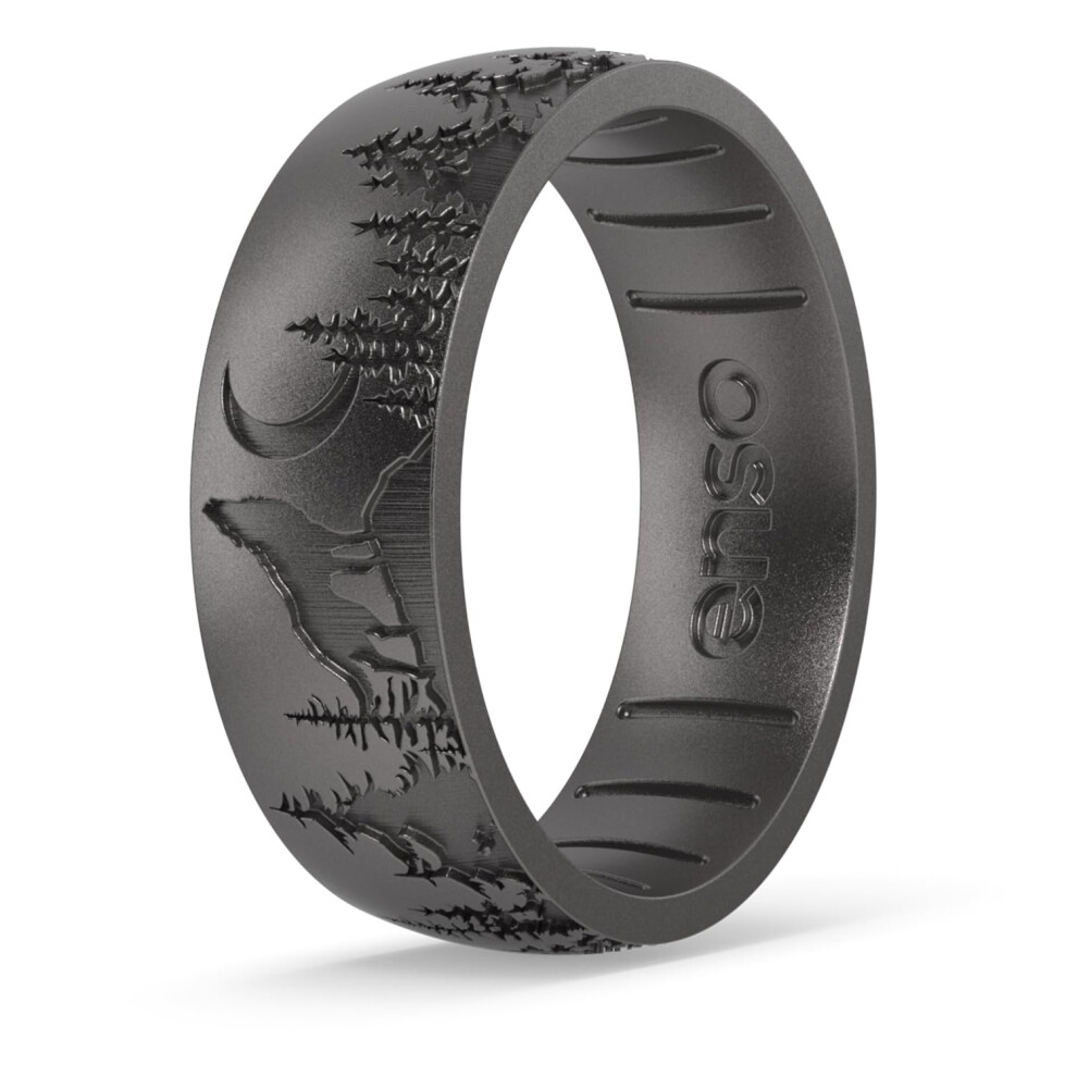 Bagues classiques en silicone grav  es Enso Rings - Design confortable et flexible - Loup solitaire - Platine - Taille 10