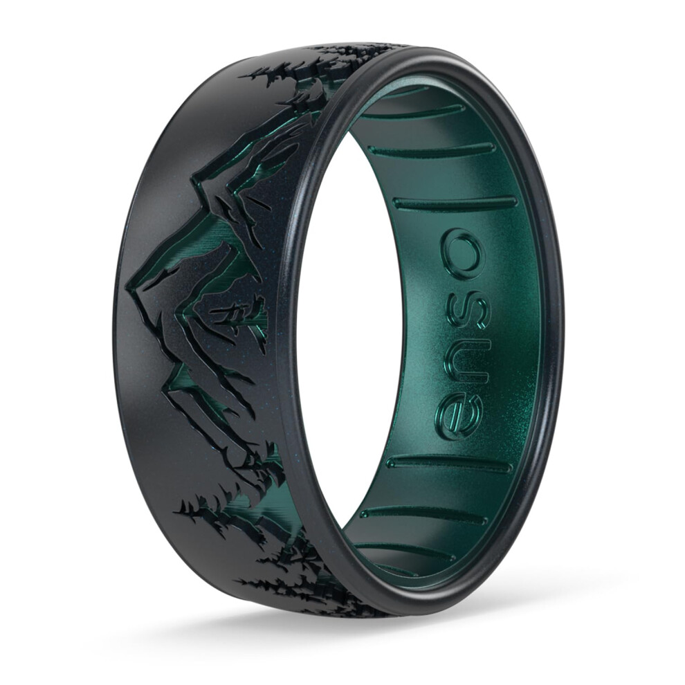 Bagues classiques en silicone grav  es Enso Rings - Design confortable et flexible - Peak - Perle noire/  meraude - Taille 9