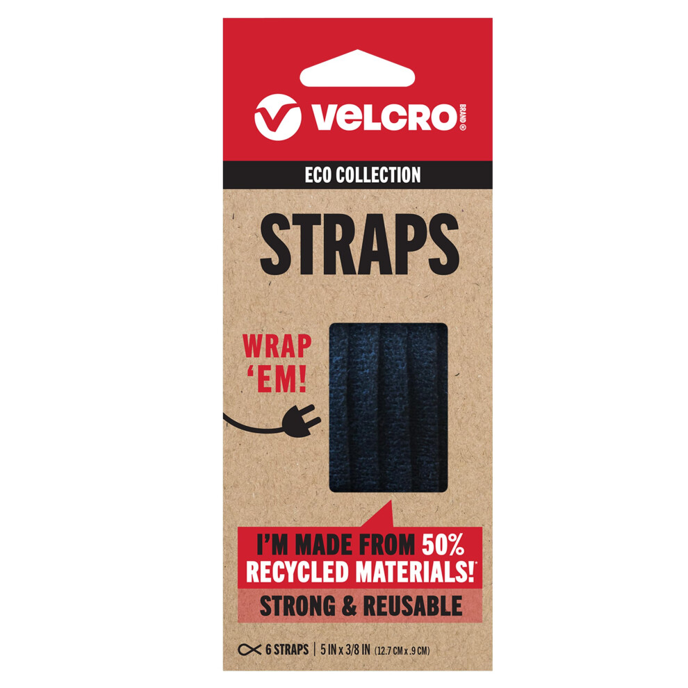 VELCRO Brand ECO Collection 6ct Pre-Cut Straps 5in x 3/8in  Sustainable 50% Recycled Material  Black