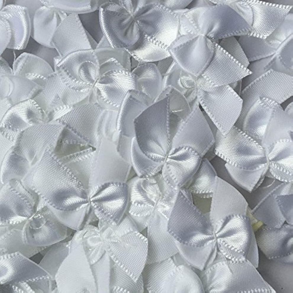 Chenkou Craft 60 stuks Mini Satijnen Strik Bloemen 1" x3/4" Applicaties DIY Witte Kleur