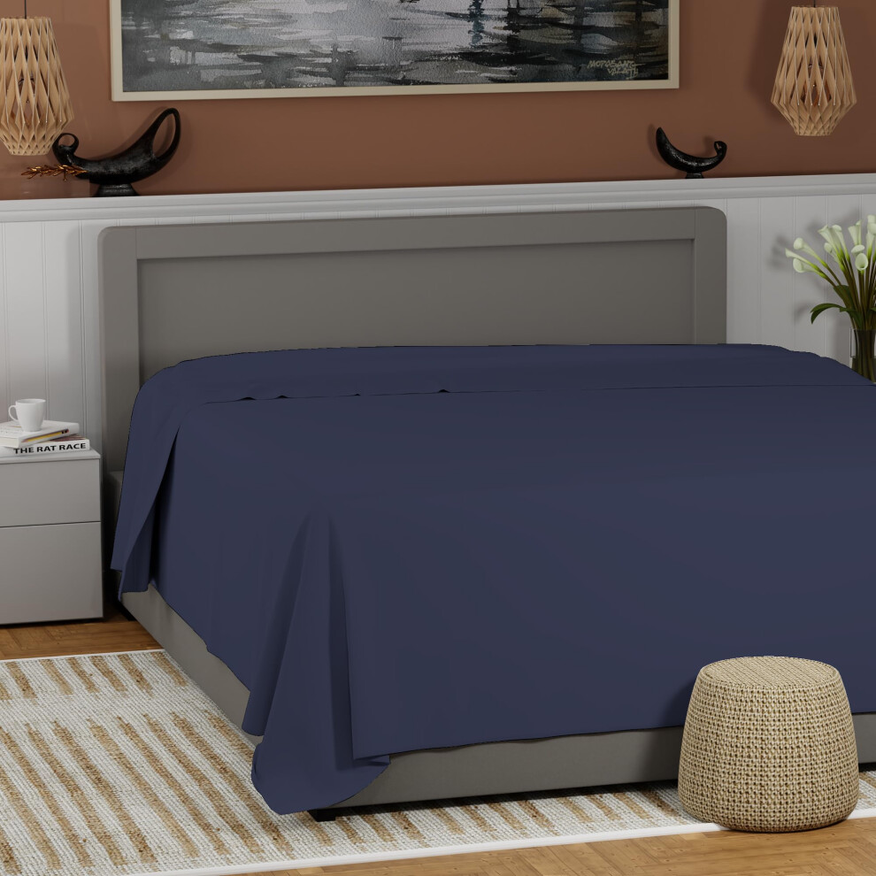 Drap plat Queen 100 % coton uniquement Draps en percale frais et croustillants Drap supérieur Queen Size Draps en coton bleu foncé très respirant