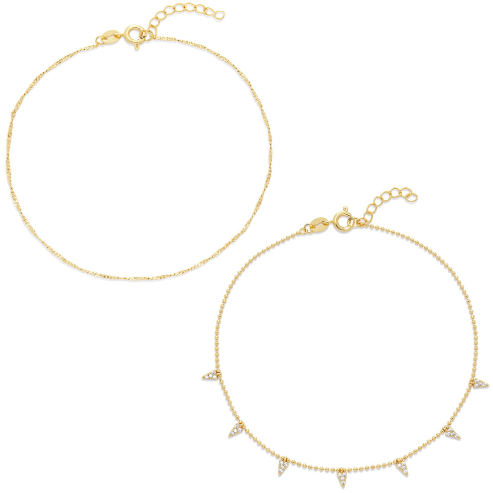 Amazon Essentials 14K Gold Plated Diamond Cut Twisted Chain and Pave Stations Anklet Set 9"""" + 1"""" Extender