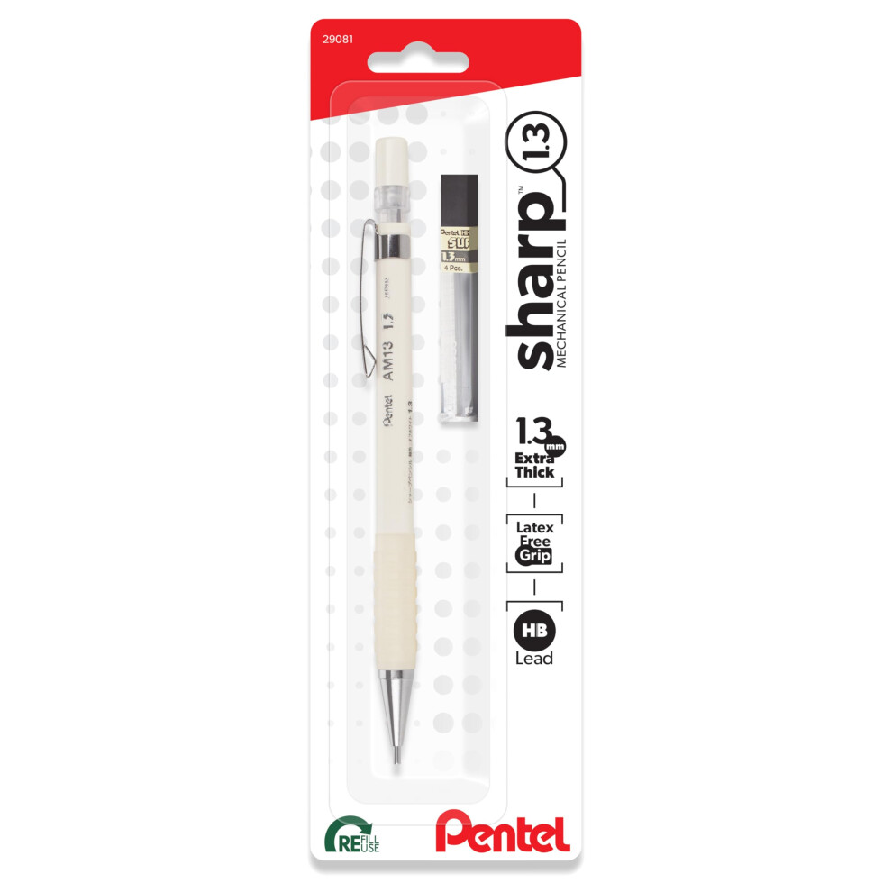 Pentel Sharp 1.3 Mechanical Pencil  (1.3mm)  Extra Thick Line  Includes Refill Lead  Writing/Office/Test-Taking Pencil  Pastel Off-White Barrel (AM13L