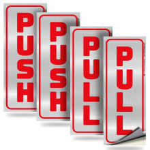 iSYFIX Push Pull Stickers-skilt - 2 Pack 2,4x6 tommer - Lodret m?rkat selvkl?bende r?d/b?rstet s?lv vinyl-klisterm?rke til d?re i erhvervsbutikke