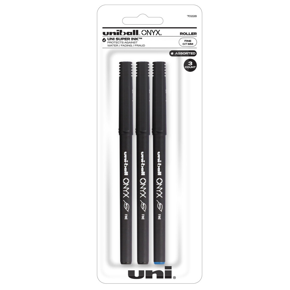 uniball Onyx Rollerball Pens  Fine Point (0.7mm)  Black and Blue Ink  3 Pack