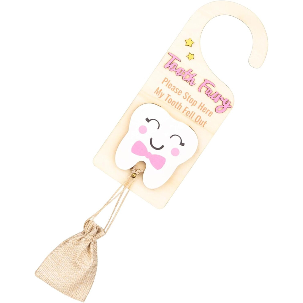 (Pink) Tooth Fairy Hanger,Lost Teeth Pickup Box with Money Slot - Wooden Encourage Keepsake with Small Pouch, Cute Souvenir, Bedroom Decoration
