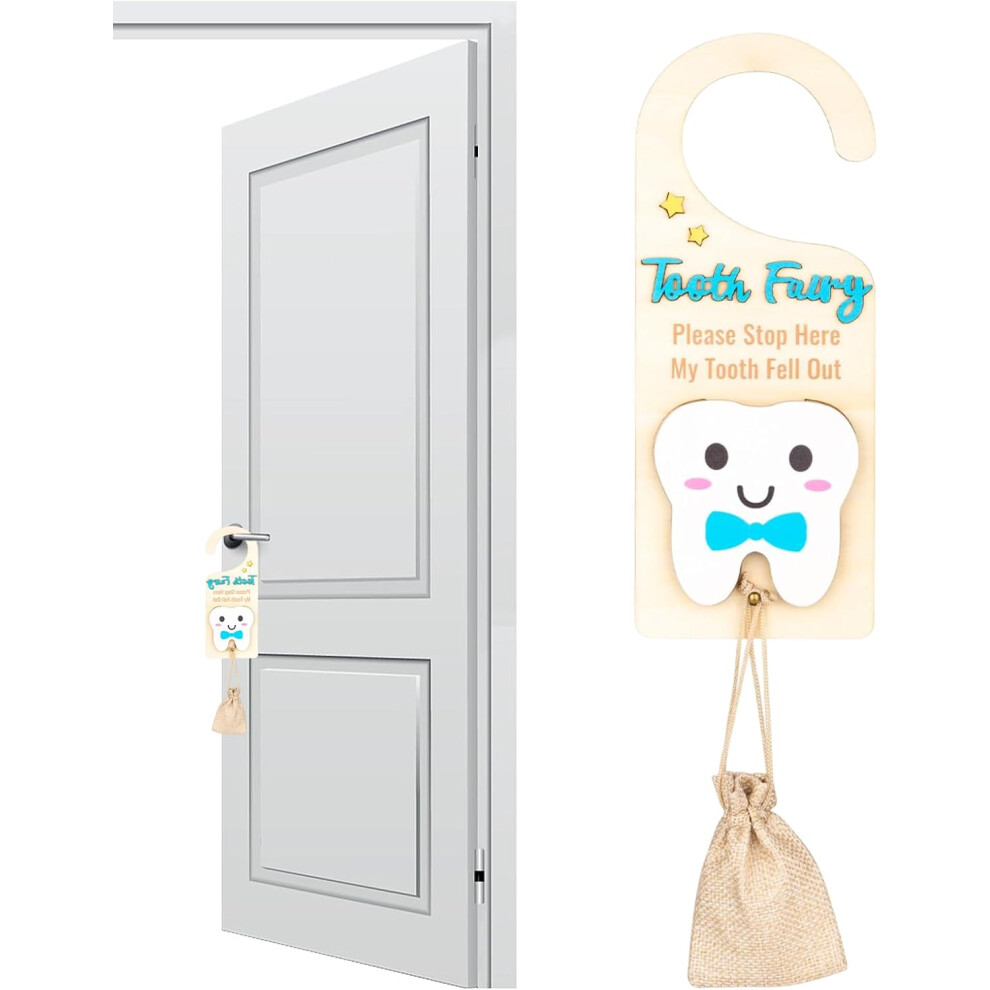 (Blue) Tooth Fairy Hanger,Lost Teeth Pickup Box with Money Slot - Wooden Encourage Keepsake with Small Pouch, Cute Souvenir, Bedroom Decoration