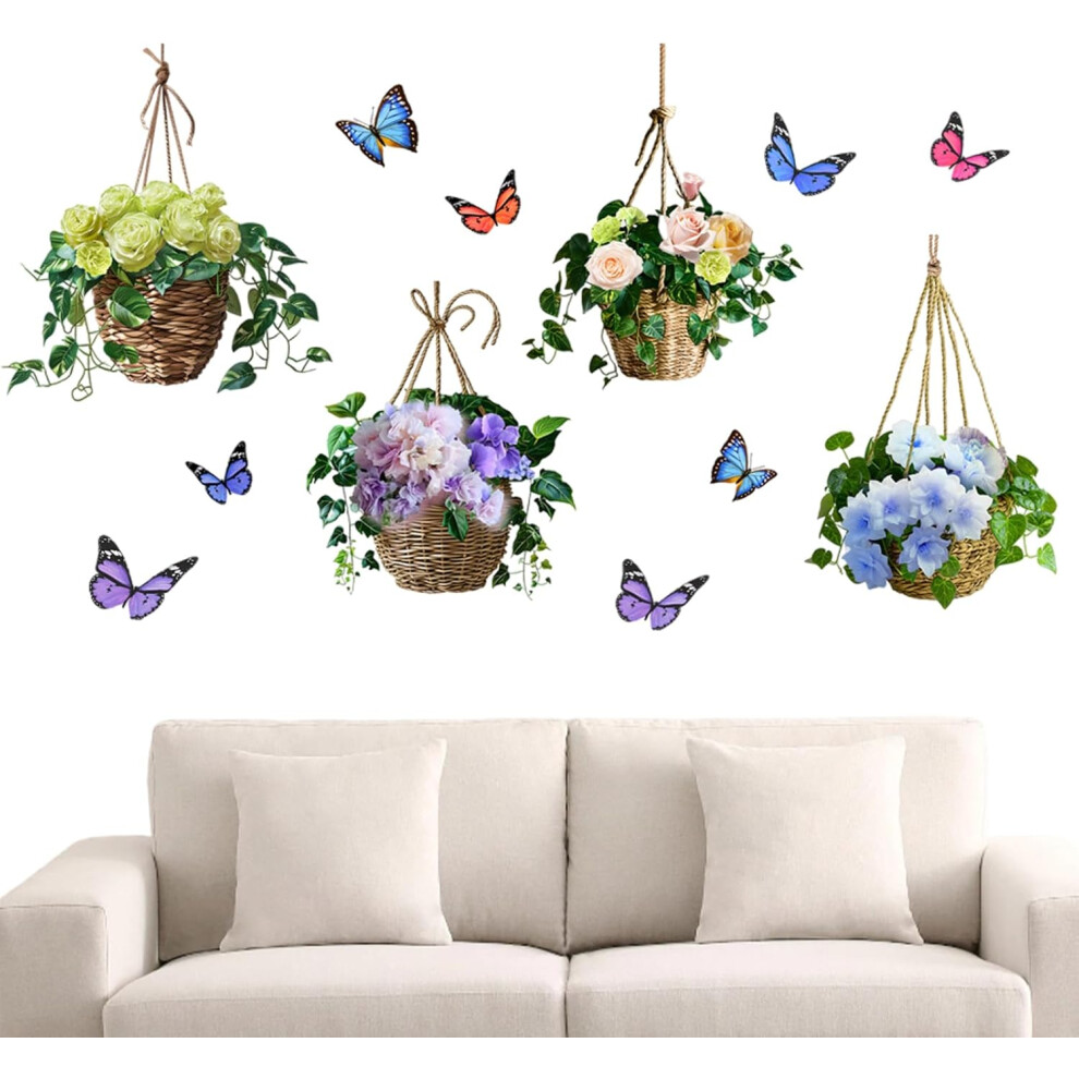Floral Wall Stickers,2X Waterproof Peel and Stick Butterfly Wall Decals - Removable Green Plant Mural Backdrop for Bedroom Living Room Kids Room