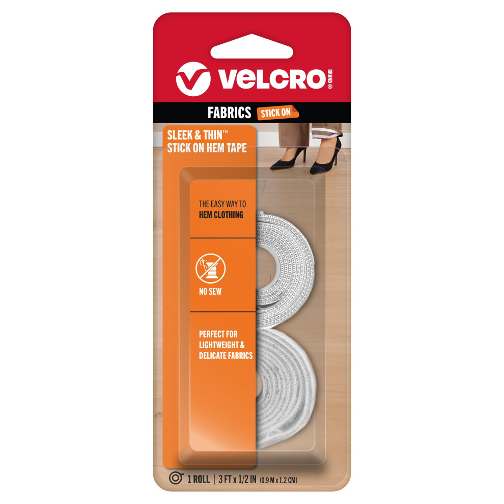 VELCRO Brand Sleek & Thin Stick On Hem Tape | The Easy Way to Hem Clothing | No Sew  Perfect for Delicate Fabrics | 3ft X 1/2"""" White