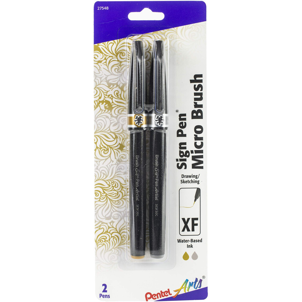 Pentel Arts Sign Pen Micro Brush  Gold & Silver Ink  2-pk (SESF30BPXZ)