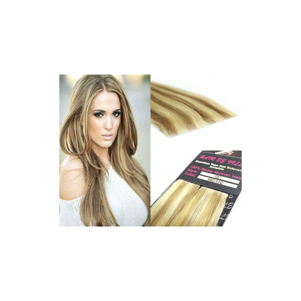 Vlasy De Ville 20 Pcs X 18"""" Inches Invisible Tape In Pu Machine Injected Seamless Remy Human Hair Extensions #8C/11C Light Blonde Mix