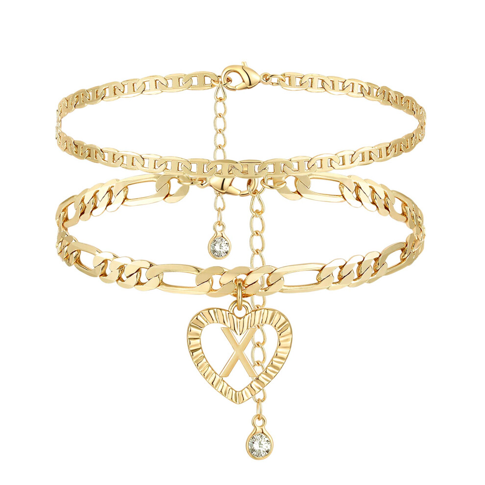 YANODA Bracelets de cheville initiales pour femmes Plaqué or 14 carats Chaîne Figaro superposée Lettre Initiale Bracelets de cheville initiales F