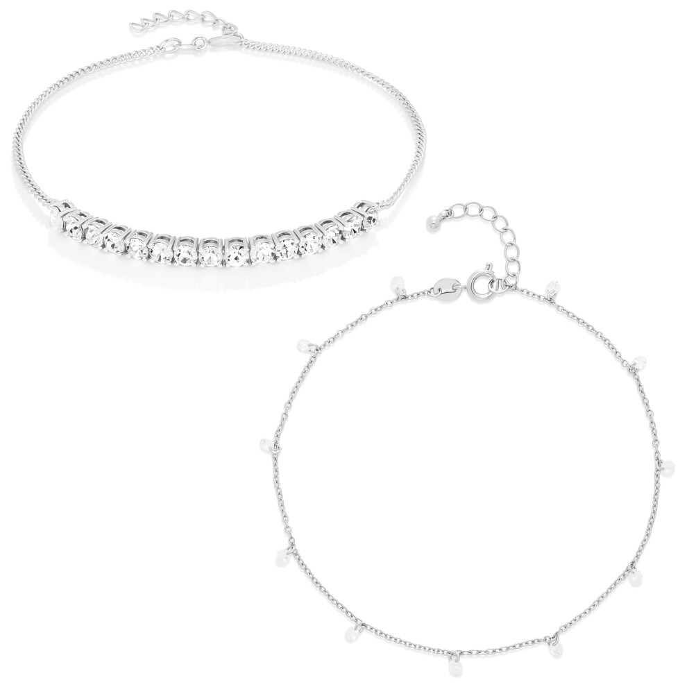Amazon Essentials Sterling Silver Plated Cubic Zirconia Tennis and Stations Anklet Set 9"""" + 1"""" Extender