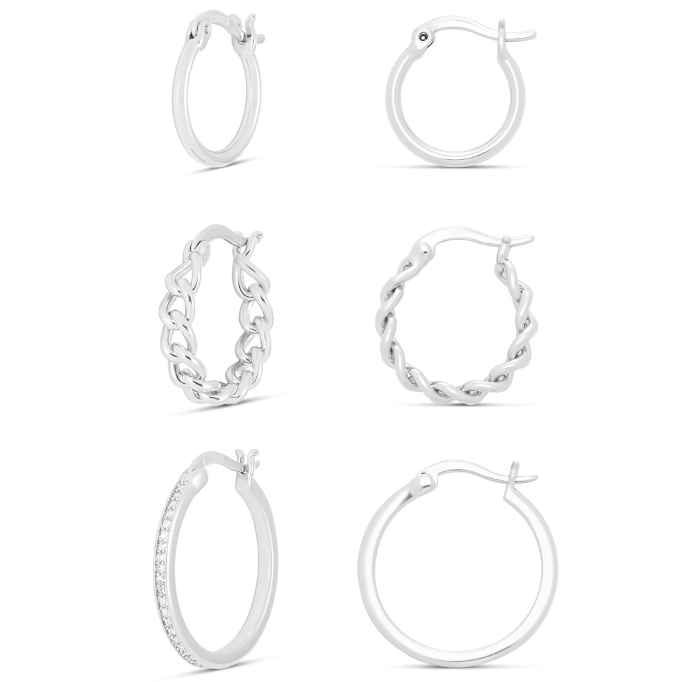 Amazon Essentials Silver Plated Cubic Zirconia Hoop  Braided Hoop and Polished Hoop Earring Set
