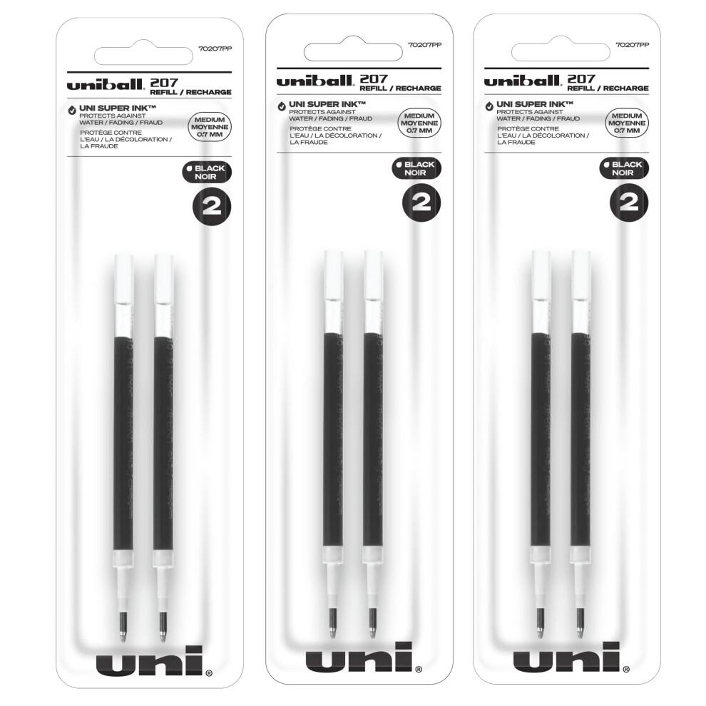 Uniball Signo 207 Gel Pen Refills  0.7mm Medium Point  Black Ink  6 Refills