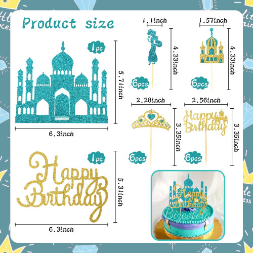 Wootkey 26Pcs Conjunto de Topos de Bolo Princesa Brilhante com Castelo Azul Lago 1