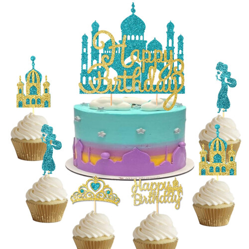 Wootkey 26Pcs Conjunto de Topos de Bolo Princesa Brilhante com Castelo Azul Lago