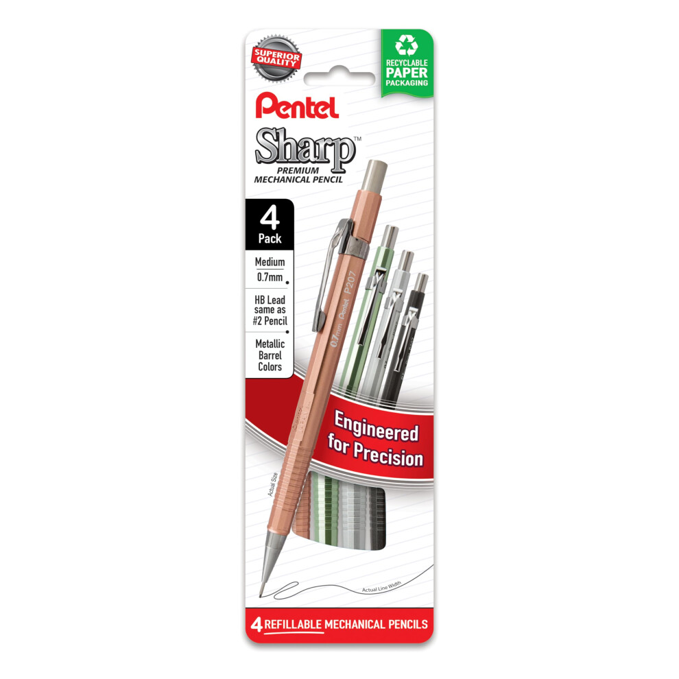 Pentel Sharp Metallic Mechanical Pencil  (0.7mm)  Medium Line  Assorted Colored Barrels  Pack of 4 (P207MPF4M)
