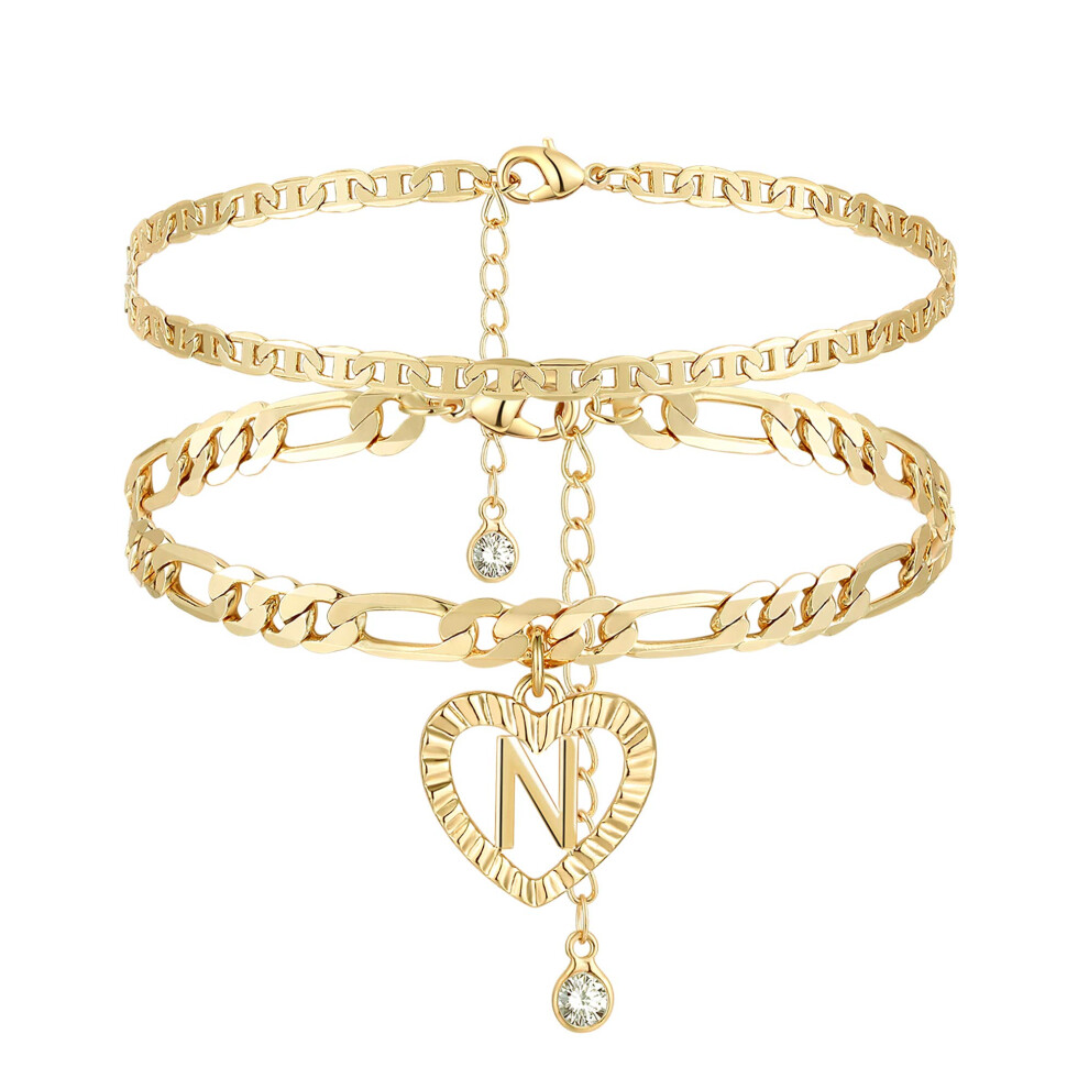 YANODA Initial Ankle Bracelets for Women 14K Gold Plated Layered Figaro Chain Letter Initial Anklets Handmade Layered Heart Ankle Bracelets Personaliz