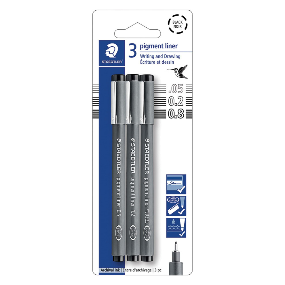 STAEDTLER Pigment Liner Pack  Black  3 Pens  Assorted Line Widths 0.05mm/0.2mm/0.8mm  308-9SBK3