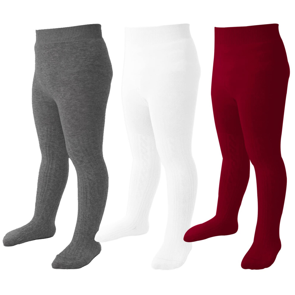 Mini Angel Collants pour bébé nouveau-né fille Leggings en tricot torsadé Bas en coton doux Collants Lot de 3 (Anthracite Blanc Bordeaux 0-3 mois