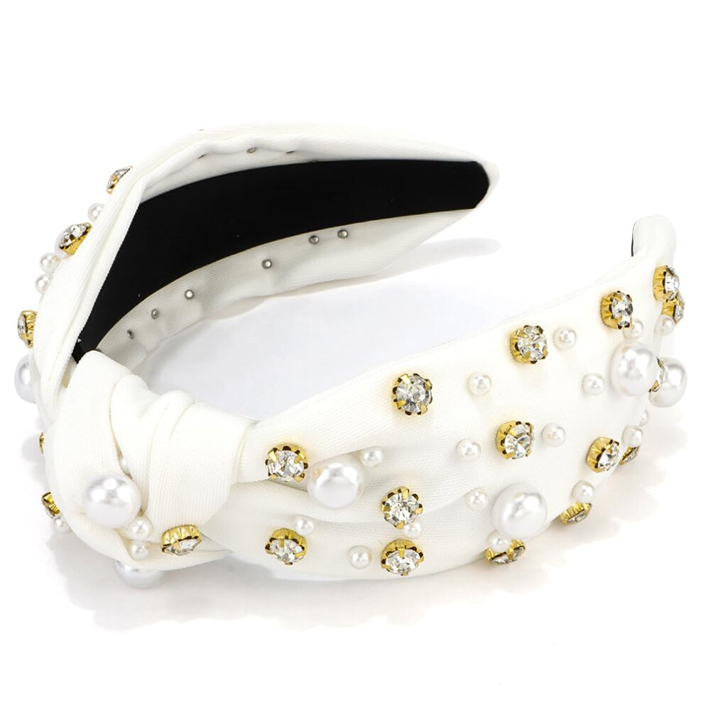 Serre-t  te large blanc Atoden avec perles et strass pour cheveux de femme, bandeaux orn  s et scintillants
