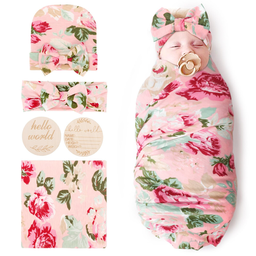DRESHOW BQUBO Couvertures de réception florales pour bébé fille nouveau-né avec nœud, chapeau, bandeau, carte d'annonce de naissance en bois, ens