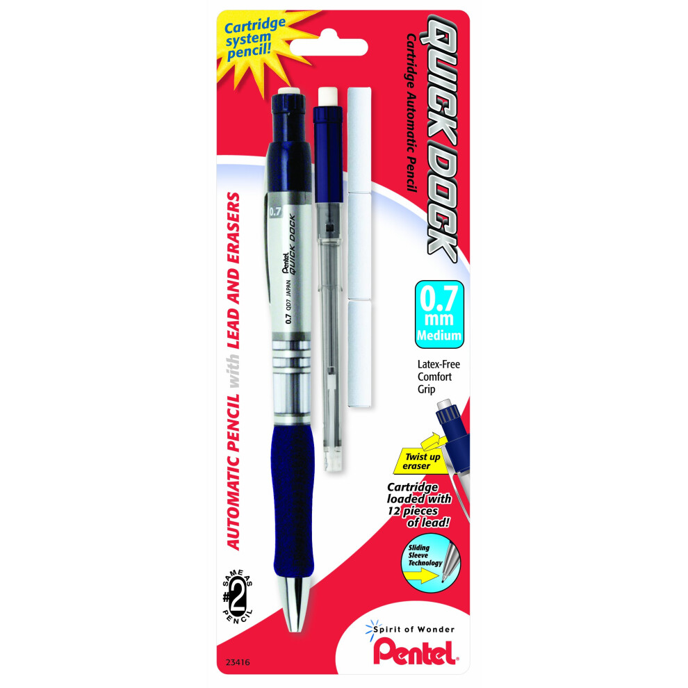 Pentel Quick Dock Automatic Pencil with Refill Cassette and 3 Erasers  0.7mm  1 Pack (QD7ELE3BP)
