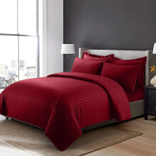 (Single Stripe Duvet Cover & Fitted Sheet, Burgundy/Red) Stripe Duvet Cover Set Fitted Sheet & Pillowcase