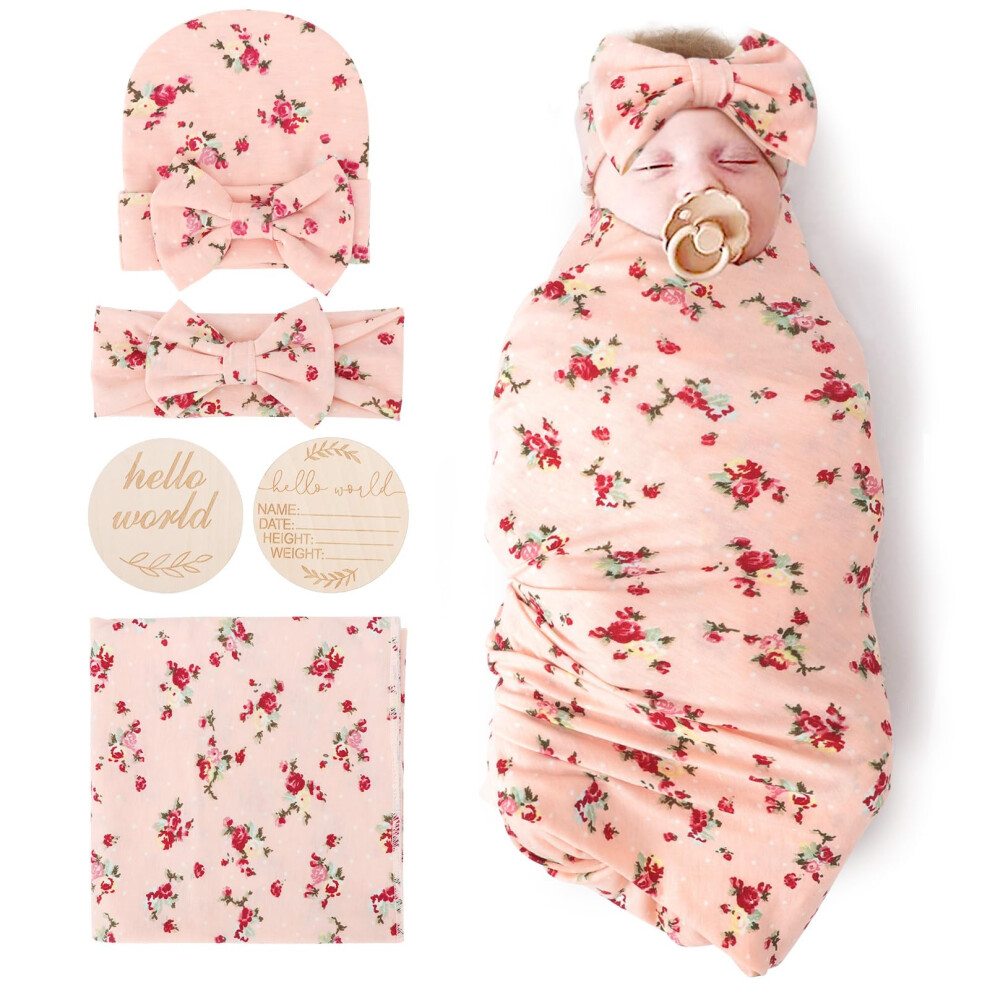BQUBO Couvertures de réception florales pour nouveau-né pour bébé fille avec nœud, chapeau, bandeau, carte d'annonce de naissance en bois, ensemb