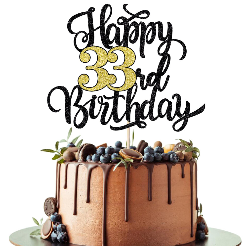 Leetaivie Joyeux 33E Anniversaire GâTeau Topper Noir Or Paillettes GâTeau D'anniversaire Topper 33E Anniversaire / 33E Anniversaire FêTe DéCorati-image