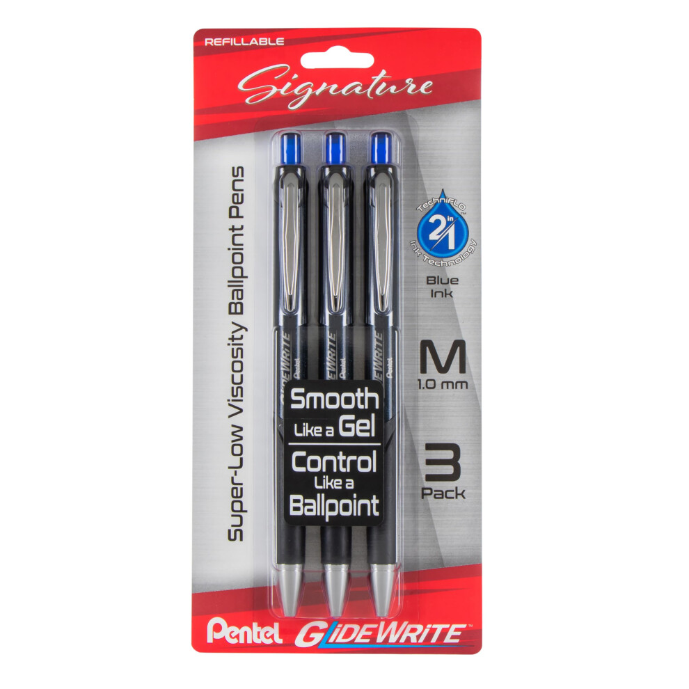 Pentel Glidewrite Signature Ballpoint Pen (1.0Mm) Medium Black Barrel Blue Ink Pack Of 3 (Bx930abp3c)