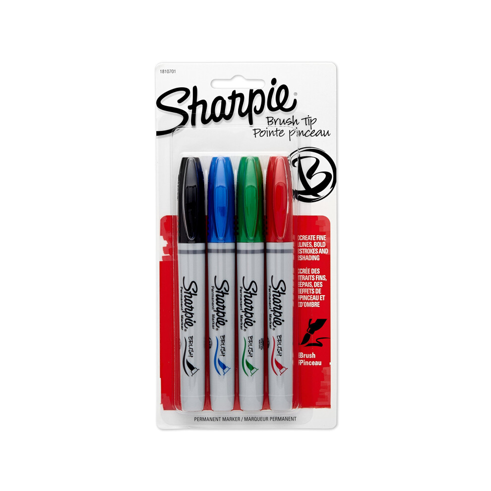 SHARPIE 1810701 Brush Tip Permanent Marker  Assorted Colors  4-Pack