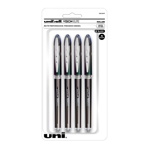 Uni-Ball uniball Vision Elite Rollerball Pens  Micro Point (0.5mm)  Black  4 Pack