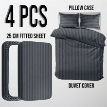 (Single Stripe Duvet Cover & Fitted Sheet, Charcoal/Dark Grey) Stripe Duvet Cover Set Fitted Sheet & Pillowcase