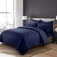 (Single Stripe Duvet Cover & Fitted Sheet, Navy Blue) Stripe Duvet Cover Set Fitted Sheet & Pillowcase