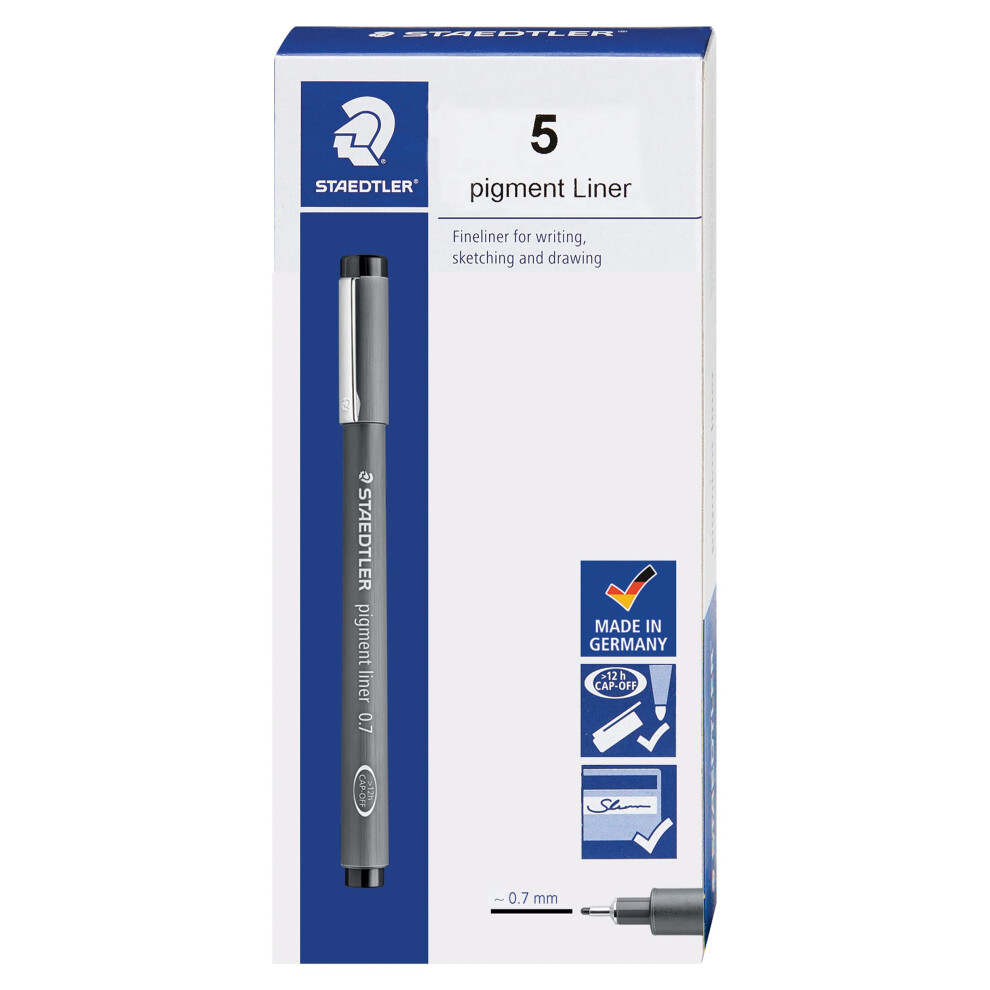 STAEDTLER Pigment Liner  Fineliner Pen for Drawing  Drafting  Journaling  0.7mm  Black  Box of 5 Pens  308 07-9 04