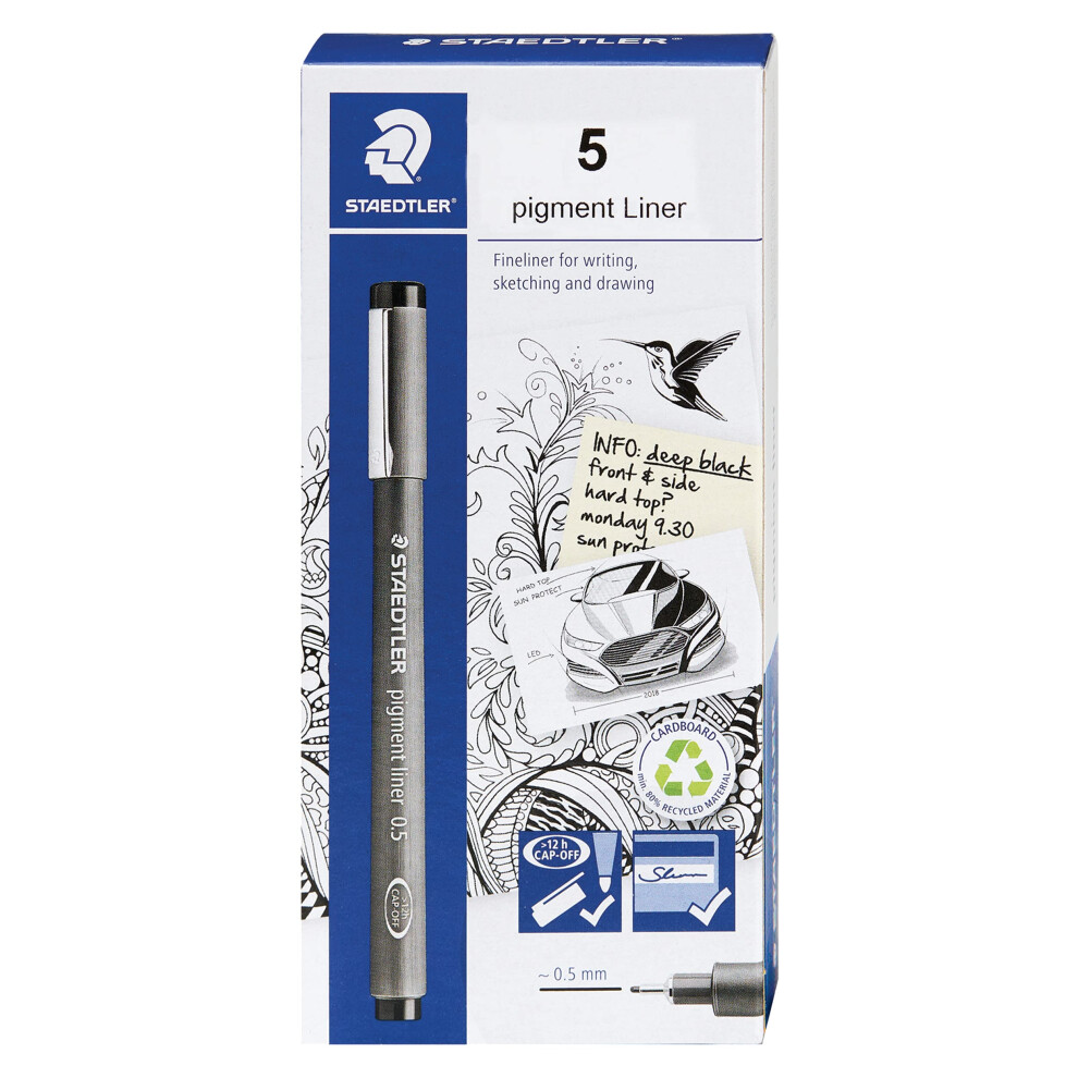 Staedtler Pigment Liner Fineliner Pen For Drawing Drafting Journaling 0.5Mm Black Box Of 5 Pens 308 05-9M