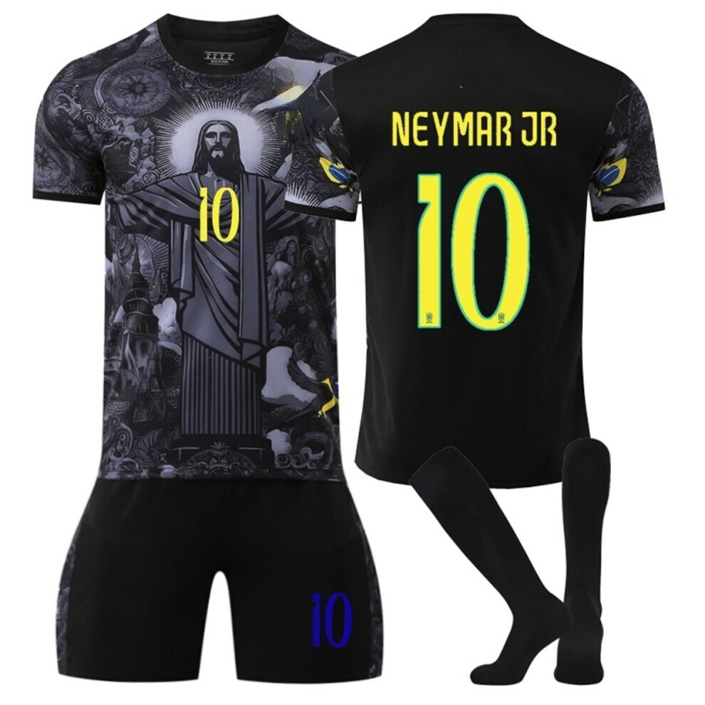 (18(100-110CM)) 2025-26 Mens/Kids Soccer Jersey Brazil Commemorative Edition Black Soccer Activewear Printing #10 Neymar Jr Football Fans Training Shorts Set