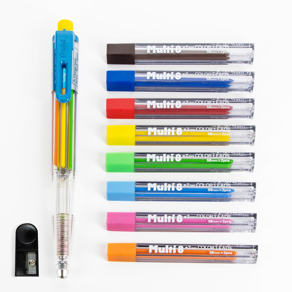 Pentel 8 Color Automatic Pencil Box Set  Assorted Accent Clip Colors  8 Color Lead Refills and Sharpener (PH158-ST)