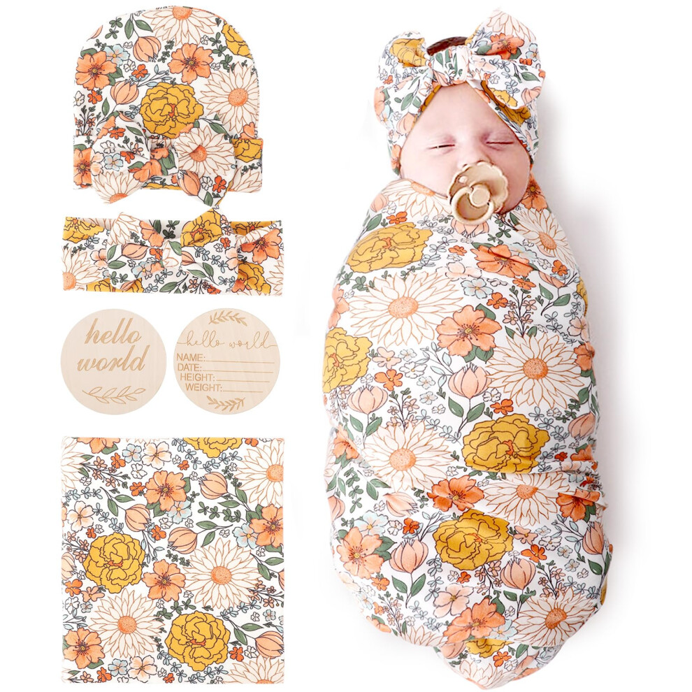DRESHOW BQUBO Couvertures de réception florales pour bébé fille nouveau-né avec nœud, chapeau, bandeau, carte d'annonce de naissance en bois, ens