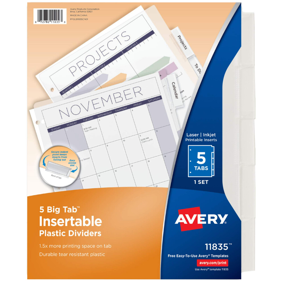 Avery Durable Plastic 5-Tab Insertable Big Tab Dividers for 3 Ring Binders  Clear  1 Set (11835)-image-OPC-PGSN97G-NEW