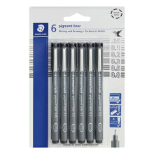 STAEDTLER Pigment Liner -kyn   pakkaus, musta, 6 tussia, eri viivojen leveyksi   , 0.05 mm, 0.1 mm, 0.2 mm, 0.3 mm, 0.5 mm, 0.8 mm