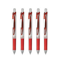 Pentel Energel intrekbare balpen (BLN75Z-B) extra fijne punt 0,5 mm naaldpunt rode inkt zilveren lichaamswaarde set van 5