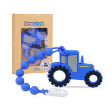 Baby Food Grade Silicone Tractor Truck Teether Toy with One Piece Design Pacifier Clip Holder Teething Pain Relief Toys Gift Set for 3 Months+ Boys a