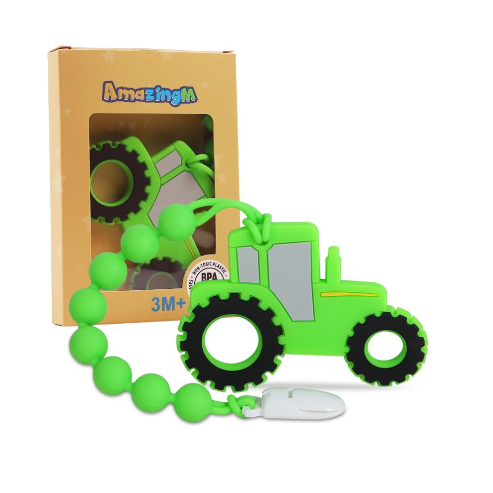 Jouet de dentition AmazingM en silicone de qualité alimentaire pour bébé, en forme de camion tracteur, avec attache-tétine monobloc, anti-douleur