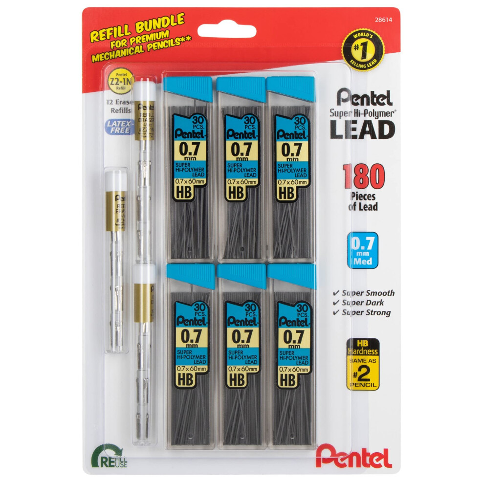 Pentel 7mm Lead Refill And Eraser Pack for Mechanical Pencils - Super Hi-polymer - Value Pack - 6 Packs of 0.7 Lead Refills (30 In Each) - 3 Packs of