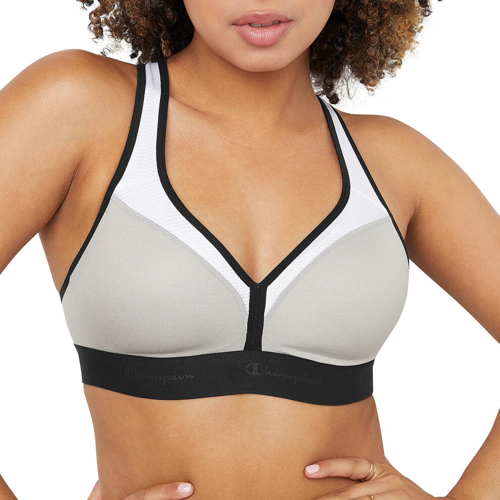 Champion womens V-neck Racerback Bra  Moisture-wicking Athletic for Women  Moderate Support Sports Bra  Oxford Grey Heather/White/Black  X-Small US